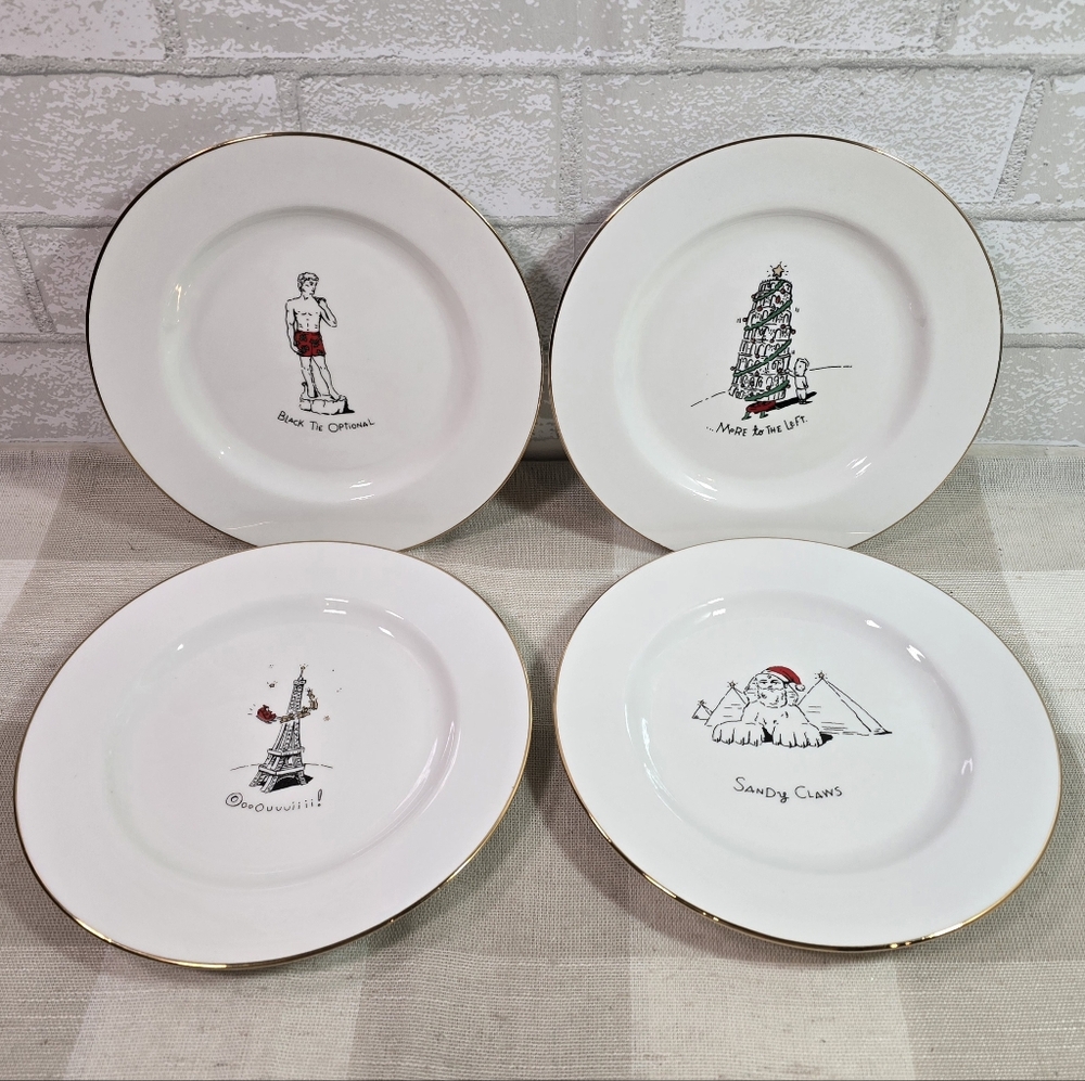 Merry Masterpieces 4 Dessert Plates 1st Edition Collectible Funny Landmarks 8"